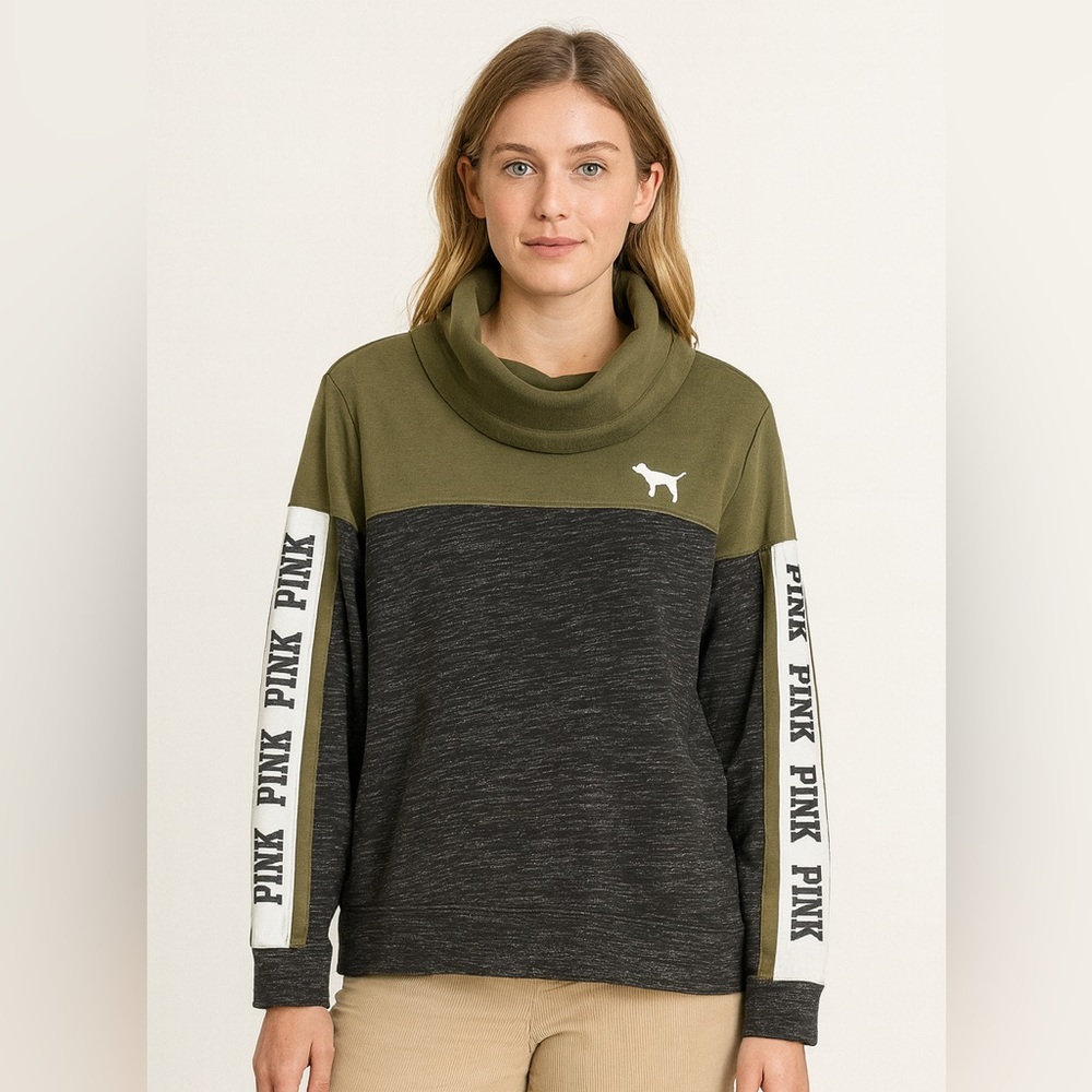 PINK VS‎ Oversized Cowl Neck Pullover M Green Black Logo Sleeve Colorblock